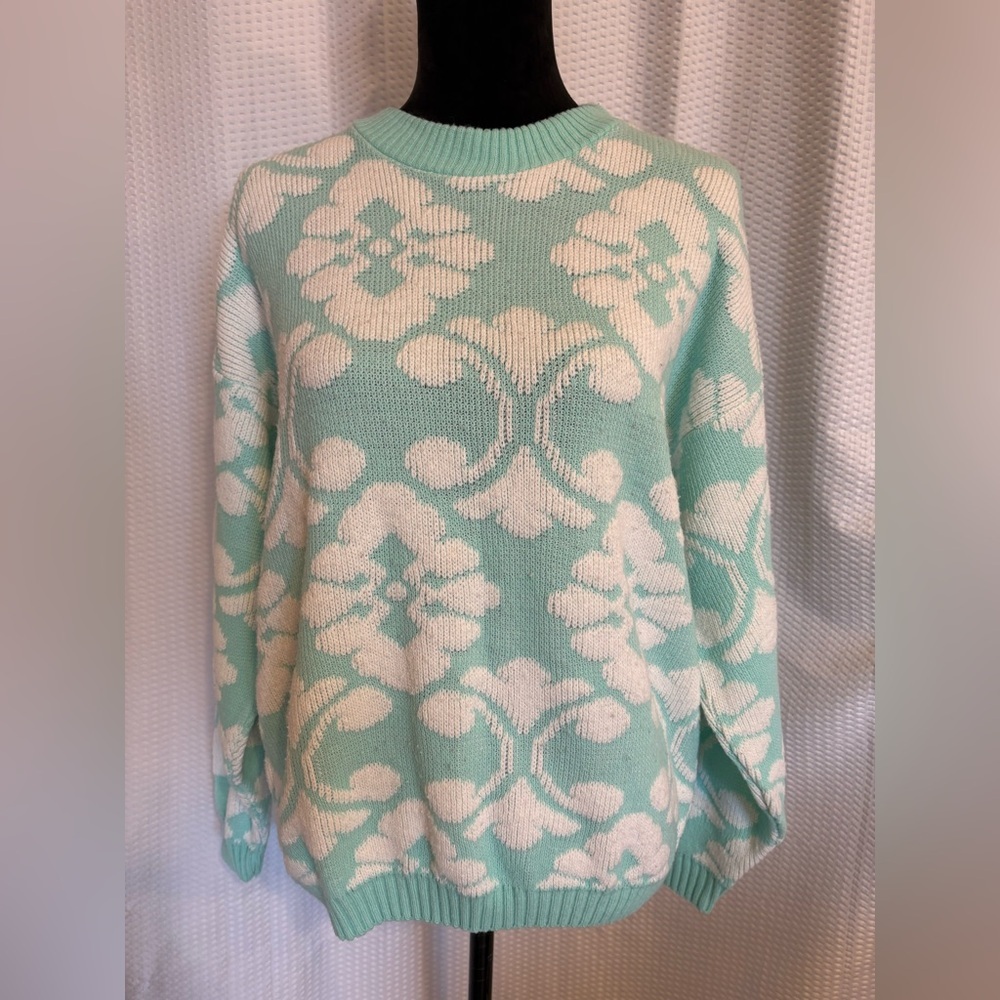 Vintage Cabin Creek mint green crewneck floral damask sweater size M